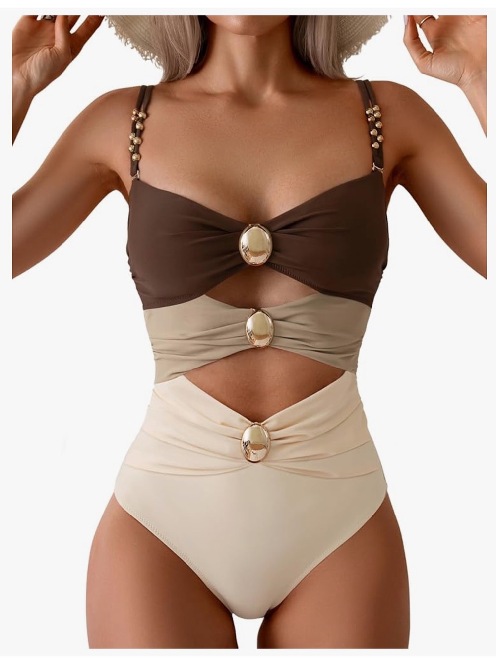 B2prity Cutout One Piece Tummy Control Ruched Monokini Color Block Gold Accents